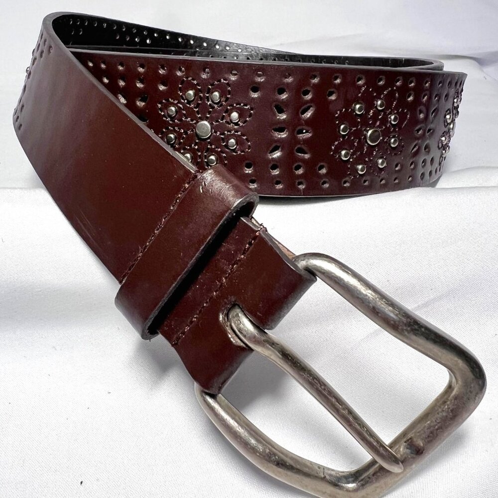 Brown Bonded Leather Women's Studded Embroidered Flowers-Silver Buckle-Size Lg